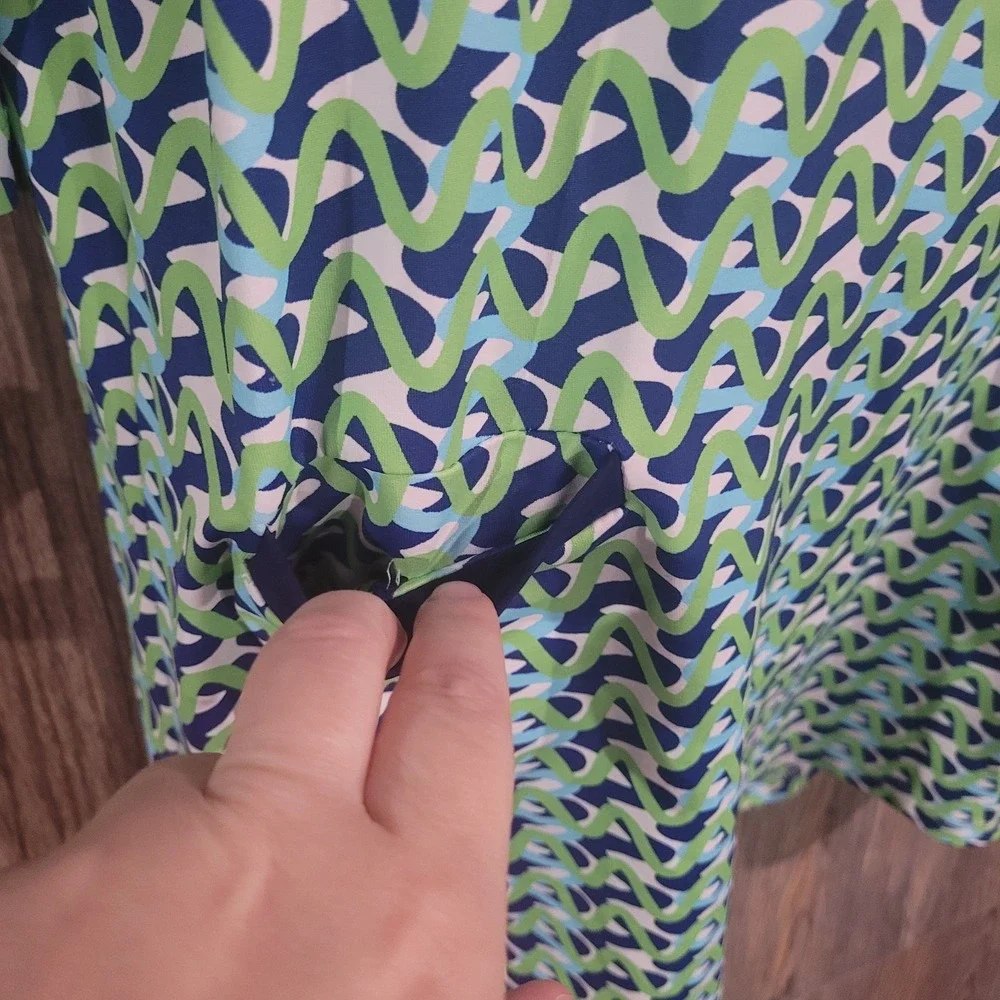Melly M Geometric Resortwear Dress Size Large Green/Blue Cooling Stretch 3/4 Slv - Picture 5 of 9